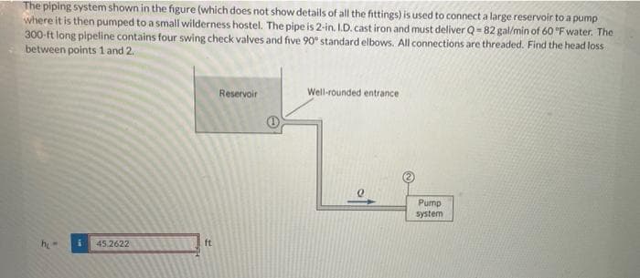 The piping system shown in the figure (which does not show details of all the fittings) is used to connect a large reservoir to a pump
where it is then pumped to a small wilderness hostel. The pipe is 2-in. I.D. cast iron and must deliver Q= 82 gal/min of 60 "F water. The
300-ft long pipeline contains four swing check valves and five 90° standard elbows. All connections are threaded. Find the head loss
between points 1 and 2.
Reservoir
Well-rounded entrance
Pump
system
45.2622
ft
