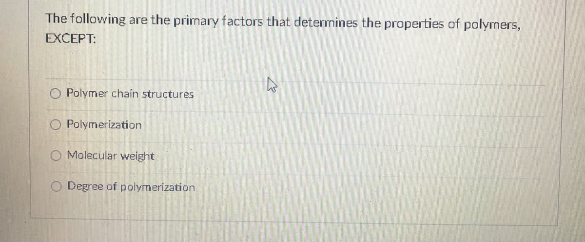 The following are the primary factors that determines the properties of polymers,
EXCEPT:
Polymer chain structures
Polymerization
Molecular weight
Degree of polymerization
