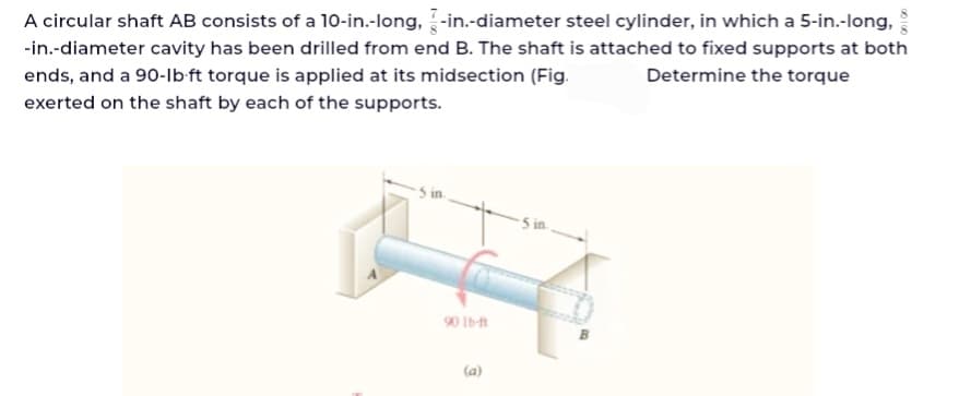 A circular shaft AB consists of a 10-in.-long, -in.-diameter steel cylinder, in which a 5-in.-long,
-in.-diameter cavity has been drilled from end B. The shaft is attached to fixed supports at both
ends, and a 90-lb-ft torque is applied at its midsection (Fig.
Determine the torque
exerted on the shaft by each of the supports.
5 in.
90 lb-ft
(a)
5 in