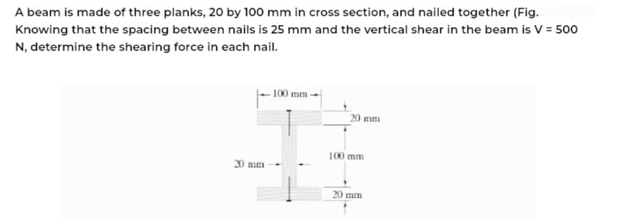 A beam is made of three planks, 20 by 100 mm in cross section, and nailed together (Fig.
Knowing that the spacing between nails is 25 mm and the vertical shear in the beam is V = 500
N, determine the shearing force in each nail.
20 mm
-100 mm.
20 mm
100 mm
20 mm