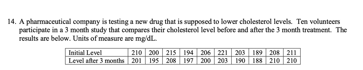 14. A pharmaceutical company is testing a new drug that is supposed to lower cholesterol levels. Ten volunteers
participate in a 3 month study that compares their cholesterol level before and after the 3 month treatment. The
results are below. Units of measure are mg/dL.
Initial Level
210 200 215 194 206 221 203 189 208 211
Level after 3 months 201 195 208 197 200 203 190 188 210 210