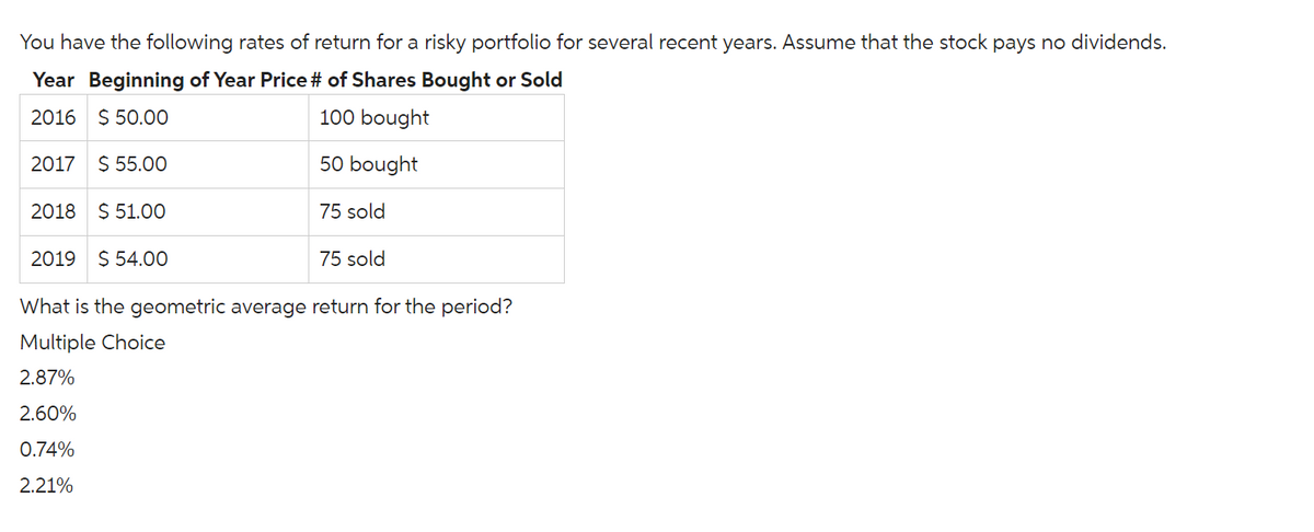 You have the following rates of return for a risky portfolio for several recent years. Assume that the stock pays no dividends.
Year Beginning of Year Price # of Shares Bought or Sold
2016 $50.00
100 bought
50 bought
75 sold
2017 $55.00
2018 $51.00
2019 $54.00
75 sold
What is the geometric average return for the period?
Multiple Choice
2.87%
2.60%
0.74%
2.21%