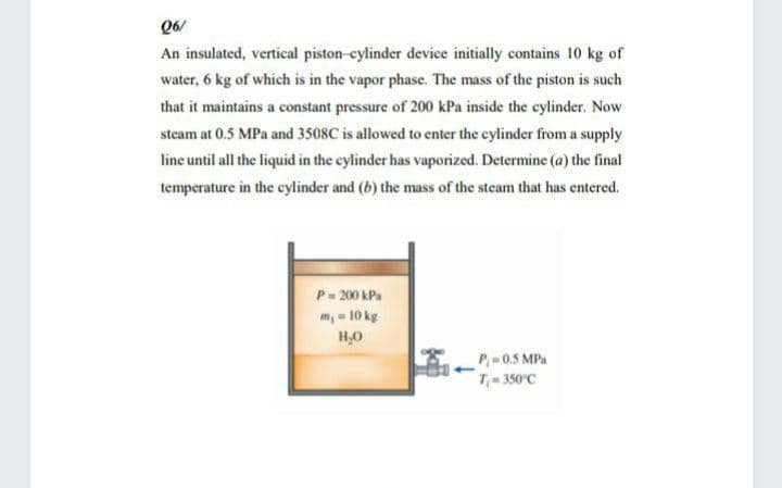 Q6/
An insulated, vertical piston-cylinder device initially contains 10 kg of
water, 6 kg of which is in the vapor phase. The mass of the piston is such
that it maintains a constant pressure of 200 kPa inside the cylinder. Now
steam at 0.5 MPa and 3508C is allowed to enter the cylinder from a supply
line until all the liquid in the cylinder has vaporized. Determine (a) the final
temperature in the cylinder and (b) the mass of the steam that has entered.
P= 200 kPa
m, - 10 kg
H,0
P-0.5 MPa
T= 350°C
