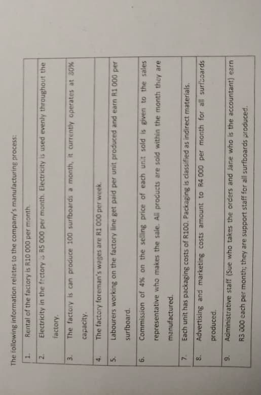 7.
The following information relates to the company's manufacturing process:
Rental of the factory is R10 000 per month.
2.
Electricity in the frctory is R5 000 per month. Electricity is used evenly throughout the
factory.
3.
The factory is can produce 100 surfboards a month, it currently operates at 30 %
capacity.
4.
The factory foreman's wages are R1 000 per week.
5.
Labourers working on the factory line get paid per unit produced and earn R1 000 per
surfboard.
6.
Commission of 4% on the selling price of each unit sold is given to the sales
representative who makes the sale. All products are sold within the month they are
manufactured.
Each unit has packaging costs of R100. Packaging is classified as indirect materials.
8.
Advertising and marketing costs amount to R4 000 per month for all surfboards
produced.
9.
Administrative staff (Sue who takes the orders and Jane who is the accountant) earn
R3 000 each per month; they are support staff for all surfboards produced.
