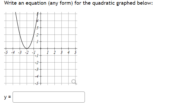 Write an equation (any form) for the quadratic graphed below:
-5 -4 -3 -2 -1
-2
-3
-4
y =
