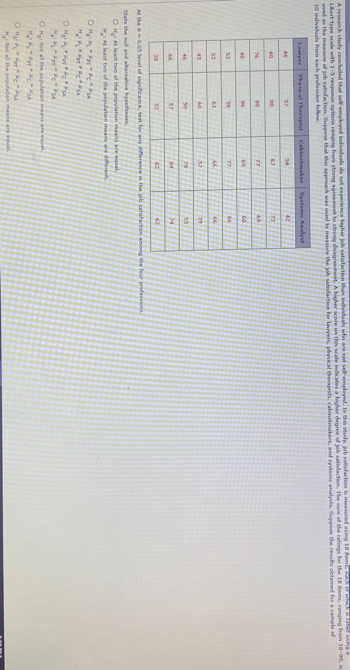 A research study concluded that self-employed individuals do not experience higher job satisfaction than individuals who are not self-employed. In this study, job satisfaction is measured using 18 items, each of which is rated using a
Likert-type scale with 1-5 response options ranging from strong agreement to strong disagreement. A higher score on this scale indicates a higher degree of job satisfaction. The sum of the ratings for the 18 items, ranging from 18-90, is
used as the measure of job satisfaction. Suppose that this approach was used to measure the job satisfaction for lawyers, physical therapists, cabinetmakers, and systems analysts. Suppose the results obtained for a sample of
10 individuals from each profession follow.
Lawyer
Physical Therapist
Cabinetmaker
Systems Analyst
46
57
54
42
40
80
67
73
76
80
77
69
40
86
69
60
53
58
77
66
52
61
66
66
45
60
57
39
46
50
78
55
66
57
84
74
38
52
62
62
At the a = 0.05 level of significance, test for any difference in the job satisfaction among the four professions.
State the null and alternative hypotheses.
O Ho: At least two of the population means are equal.
H: At least two of the population means are different.
O Ho: HL = HPT = "c = HSA
H HL HpT # Hc "SA
O Ho: HL HpT * Hc # HSA
H HL = HpT= Hc = USA
O Ho: Not all the population means are equal.
H L= "PT = Hc = "SA
O Ho: HL = HPT = "c = HSA
H: Not all the population means are equal.
