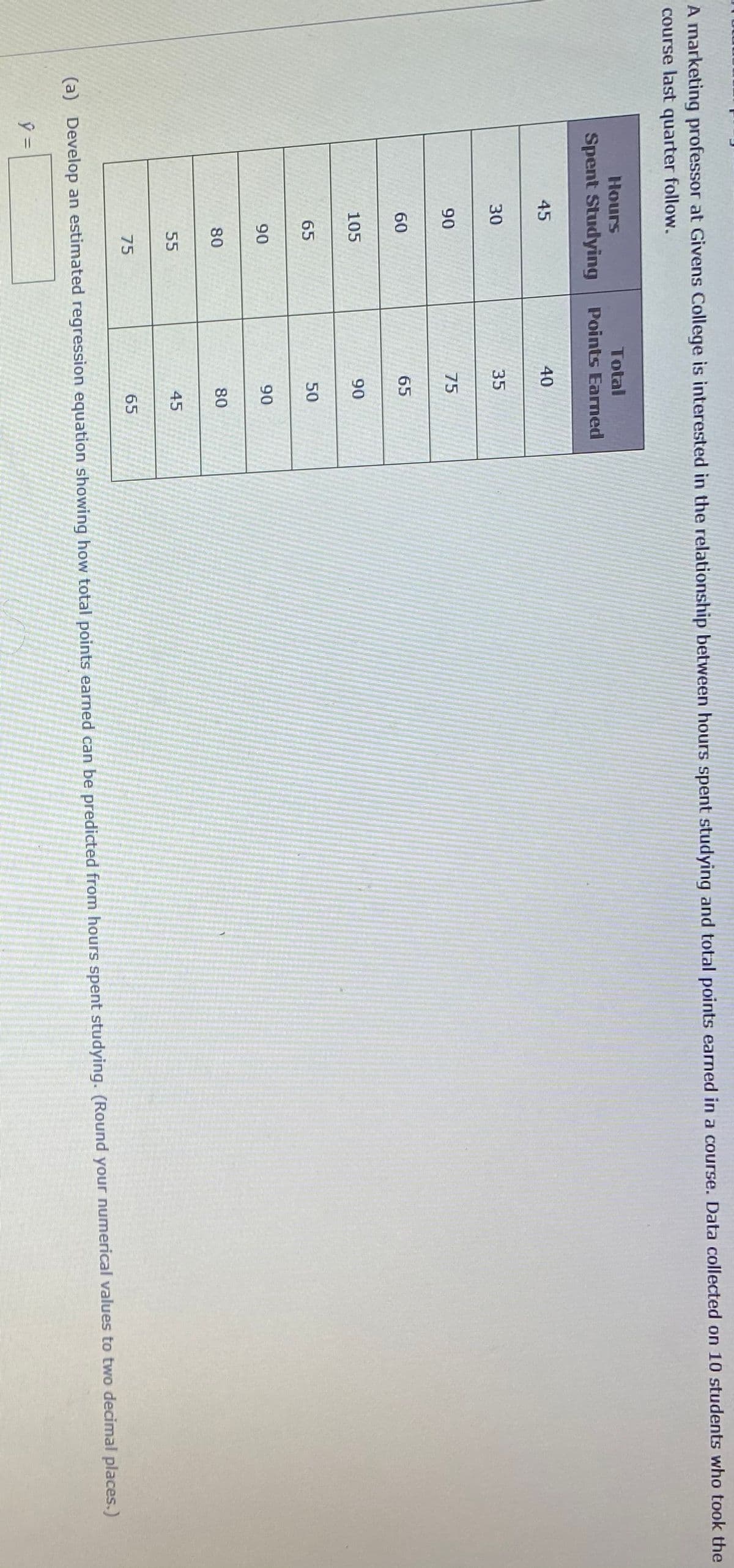 A marketing professor at Givens College is interested in the relationship between hours spent studying and total points earned in a course. Data collected on 10 students who took the
course last quarter follow.
Hours
Total
Spent Studying
Points Earned
45
40
30
35
90
75
60
65
105
90
65
50
90
90
80
80
55
45
75
65
(a) Develop an estimated regression equation showing how total points earned can be predicted from hours spent studying. (Round your numerical values to two decimal places.)
