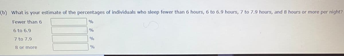 (b) What is your estimate of the percentages of individuals who sleep fewer than 6 hours, 6 to 6.9 hours, 7 to 7.9 hours, and 8 hours or more per night?
Fewer than 6
%
6 to 6.9
%
7 to 7.9
%
8 or more
