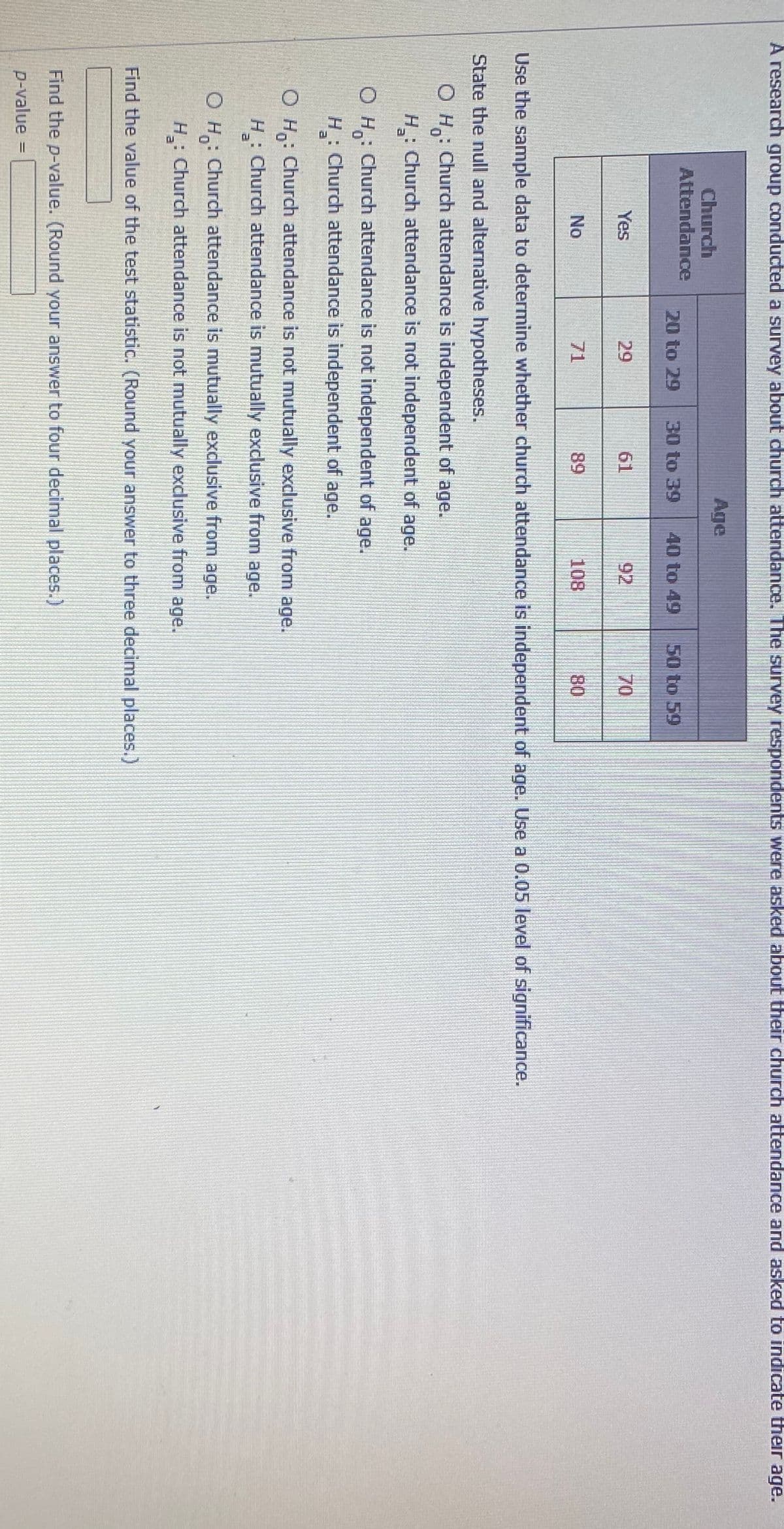 A research group conducted a survey about church attendance. The survey respondents were asked about their church attendance and asked to indicate their age.
Age
Church
Attendance
20 to 29
30 to 39
40 to 49
50 to 59
Yes
29
61
92
70
No
71
89
108
80
Use the sample data to determine whether church attendance is independent of age. Use a 0.05 level of significance.
State the null and alternative hypotheses.
O H: Church attendance is independent of age.
H: Church attendance is not independent of age.
Church attendance is not independent of age.
Ho
H Church attendance is independent of age.
O H: Church attendance is not mutually exclusive from age.
Church attendance is mutually exclusive from age.
O H: Church attendance is mutually exclusive from age.
H : Church attendance is not mutually exdlusive from age.
Find the value of the test statistic. (Round your answer to three decimal places.)
Find the p-value. (Round your answer to four decimal places.)
p-value
