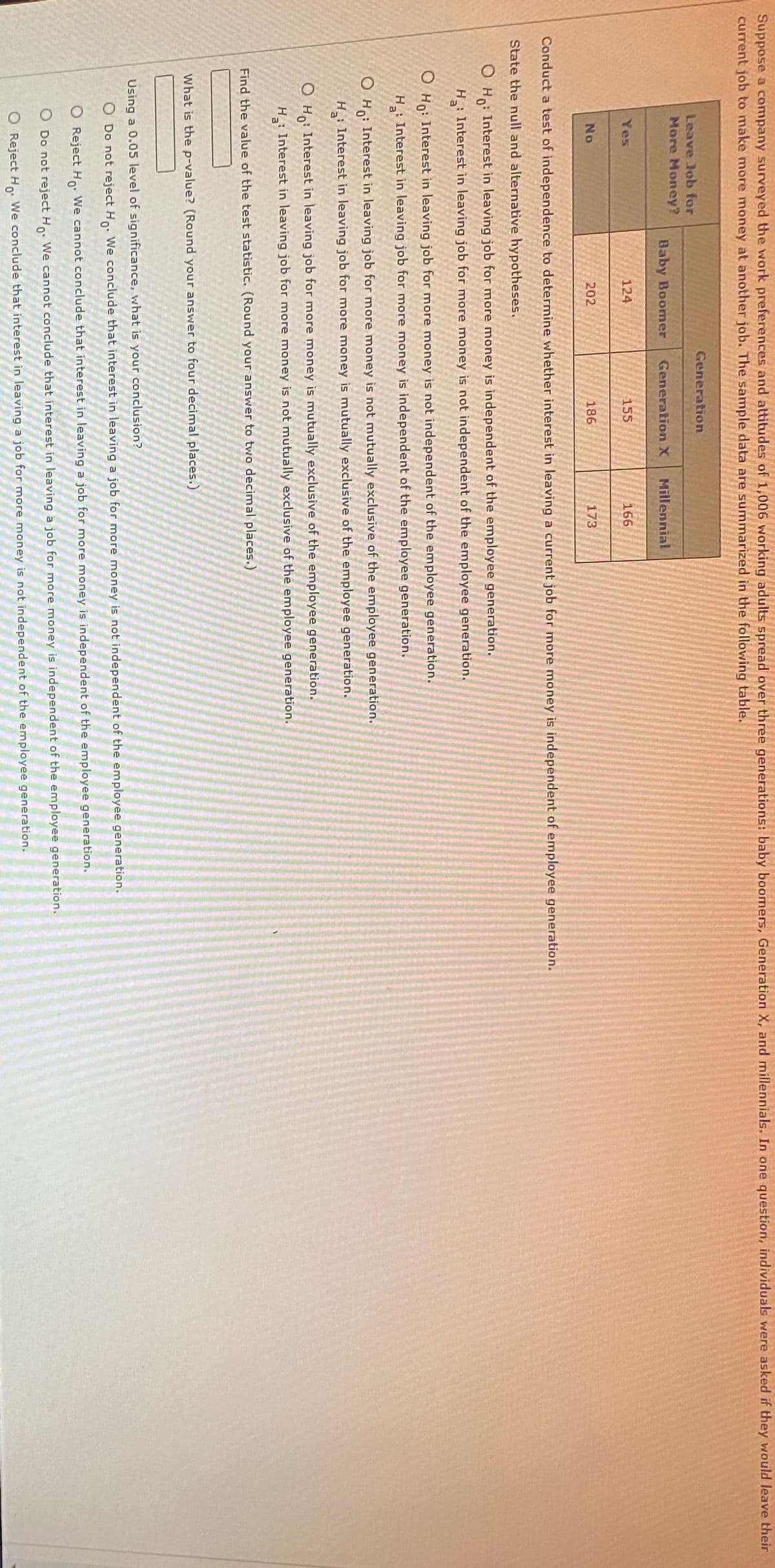 Suppose a company surveyed the work preferences and attitudes of 1,006 working adults spread over three generations: baby boomers, Generation X, and millennials. In one question, individuals were asked if they would leave their
current job to make more money at another job. The sample data are summarized in the following table.
Generation
Leave Job for
More Money?
Baby Boomer
Generation X
Millennial
Yes
124
155
166
No
202
186
173
Conduct a test of independence to determine whether interest in leaving a current job for more money is independent of employee generation.
State the null and alternative hypotheses.
O Ho: Interest in leaving job for more money is independent of the employee generation.
H: Interest in leaving job for more money is not independent of the employee generation.
O Ho: Interest in leaving job for more money is not independent of the employee generation.
H: Interest in leaving job for more money is independent of the employee generation.
O Ho: Interest in leaving job for more money is not mutually exclusive of the employee generation.
H: Interest in leaving job for more money is mutually exclusive of the employee generation.
O H: Interest in leaving job for more money is mutually exclusive of the employee generation.
H : Interest in leaving job for more money is not mutually exclusive of the employee generation.
Find the value of the test statistic. (Round your answer to two decimal places.)
What is the p-value? (Round your answer to four decimal places.)
Using a 0.05 level of significance, what is your conclusion?
O Do not reject H We conclude that interest in leaving a job for more money is not independent of the employee generation.
O Reject Ho: We cannot conclude that interest in leaving a job for more money is independent of the employee generation.
O Do not reject Ho. We cannot conclude that interest in leaving a job for more money is independent of the employee generation.
O Reject Ho: We conclude that interest in leaving a job for more money is not independent of the employee generation.
