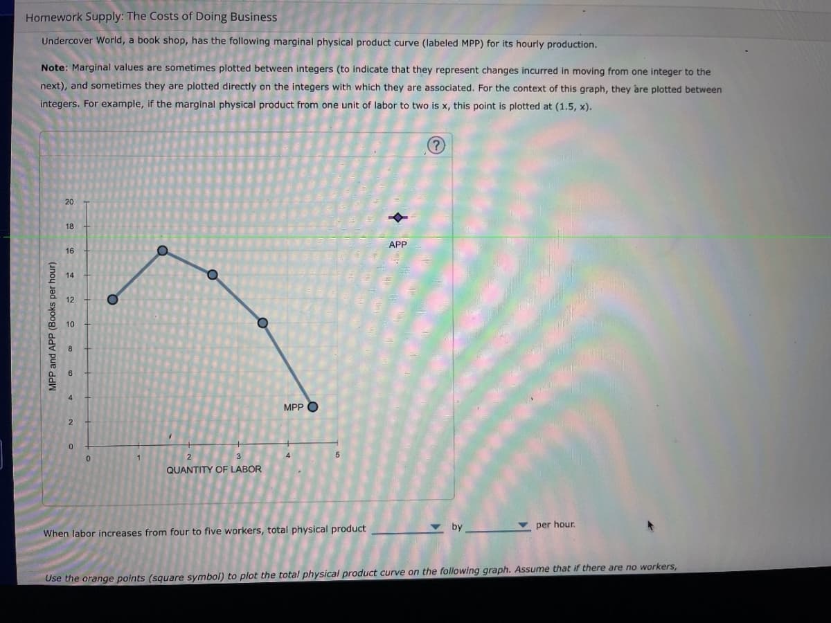 Homework Supply: The Costs of Doing Business
Undercover World, a book shop, has the following marginal physical product curve (labeled MPP) for its hourly production.
Note: Marginal values are sometimes plotted between integers (to indicate that they represent changes incurred in moving from one integer to the
next), and sometimes they are plotted directly on the integers with which they are associated. For the context of this graph, they are plotted between
integers. For example, if the marginal physical product from one unit of labor to two is x, this point is plotted at (1.5, x).
MPP and APP (Books per hour)
20
18
16
14
12
10
8
6
4
2
MPP
0
5
2
3
0
QUANTITY OF LABOR
When labor increases from four to five workers, total physical product
APP
(?)
by
per hour.
Use the orange points (square symbol) to plot the total physical product curve on the following graph. Assume that if there are no workers,