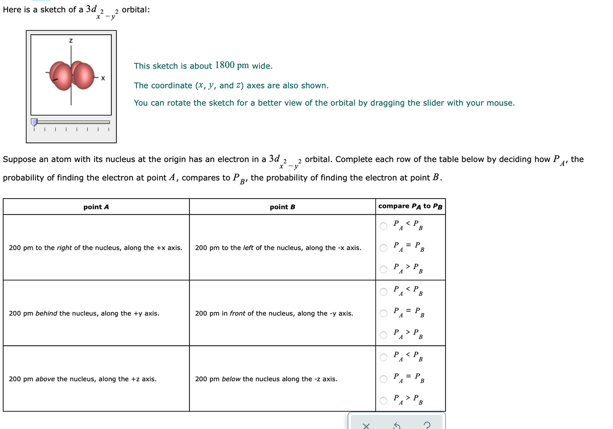 Here is a sketch of a 3d 2
2 orbital:
х —у
This sketch is about 1800
pm wide.
The coordinate (x, y, and z) axes are also shown.
You can rotate the sketch for a better view of the orbital by dragging the slider with your mouse.
Suppose an atom with its nucleus at the origin has an electron in a 3d
2 orbital. Complete each row of the table below by deciding how P, the
2
x -y
A'
probability of finding the electron at point A, compares to P
B'
the probability of finding the electron at point B.
point A
point B
compare PA to PB
Р. <Р
В
A`
P
200 pm to the right of the nucleus, along the +x axis.
200 pm to the left of the nucleus, along the -x axis.
A = PB
> P
P
A
В
P
200 pm behind the nucleus, along the +y axis.
PA= PB
200 pm in front of the nucleus, along the -y axis.
> P
A
P
< P
A
= P
B
P
200 pm above the nucleus, along the +z axis.
200 pm below the nucleus along the -z axis.
P
> P
A
