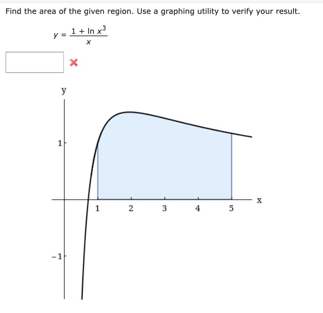 Find the area of the given region. Use a graphing utility to verify your result.
1 + In x3
y =
y
1
1
4
-1
3.
