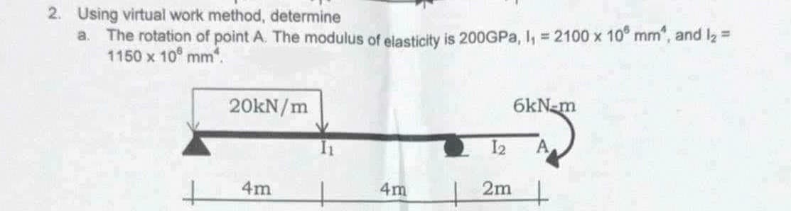 2. Using virtual work method, determine
a. The rotation of point A. The modulus of elasticity is 200GPa, I₁ = 2100 x 10° mm^, and l₂ =
1150 x 10 mm.
20kN/m
6kN-m
12
A
4m
4m
2m