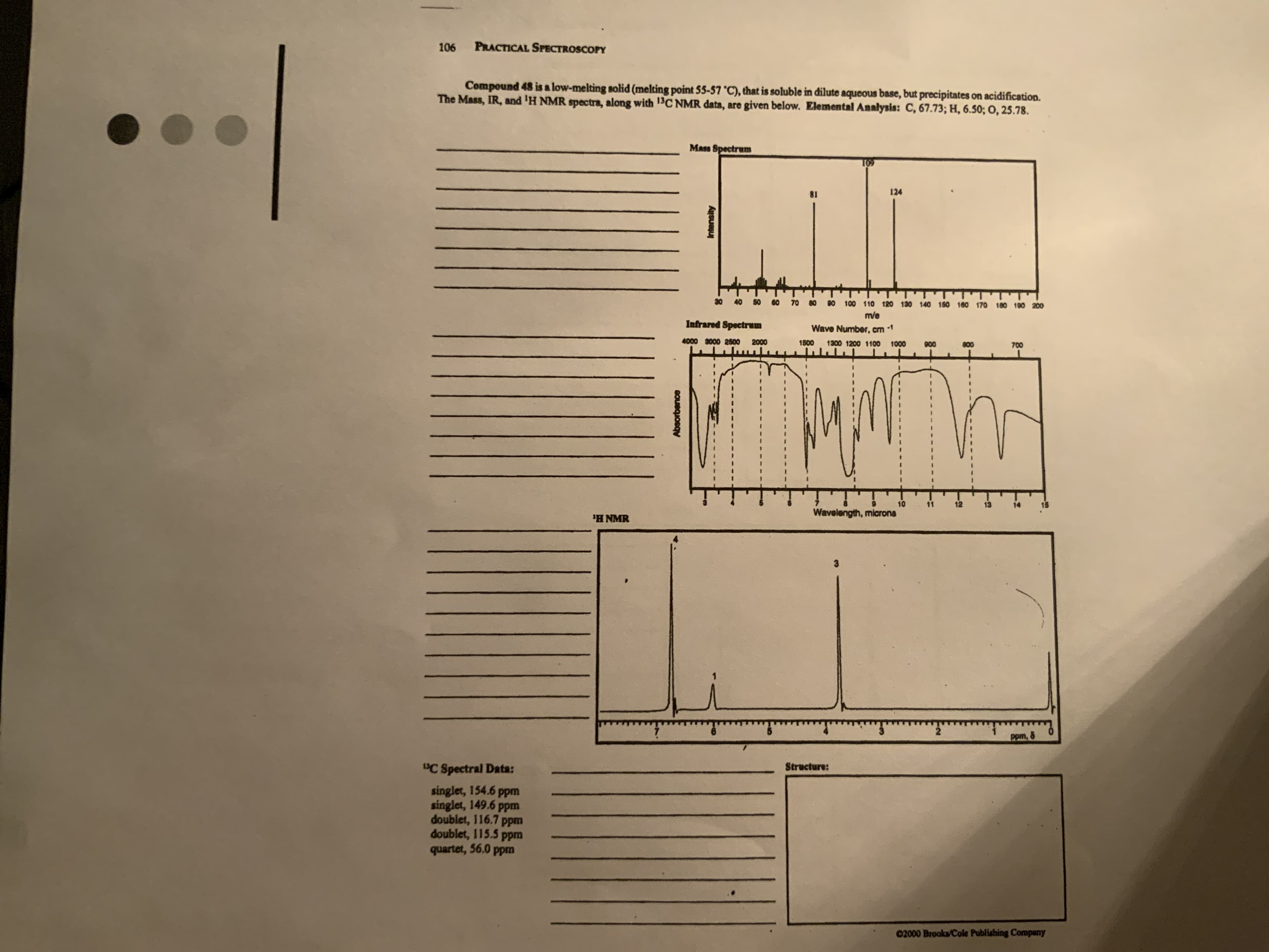 Compound 48 is a low-melting solid (melting point 55-57 °C), that is soluble in dilute aqueous base, but precipitates on acidification.
The Mass, IR, and 'H NMR spectra, along with 13C NMR data, are given below. Elemental Analysis: C, 67.73; H, 6.5o; O, 25.78.
