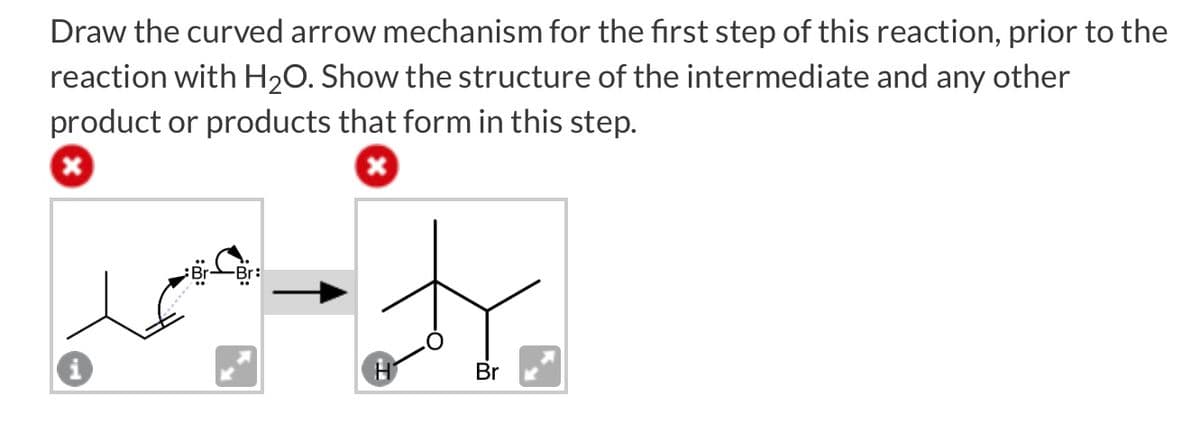 Draw the curved arrow mechanism for the first step of this reaction, prior to the
reaction with H₂O. Show the structure of the intermediate and any other
product or products that form in this step.
x
H
Br