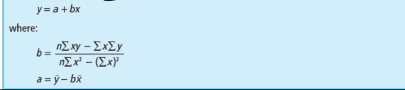 y= a +bx
where:
nE xy – ExEy
b =
nE x² – (Ex)²
a = ý – bx
