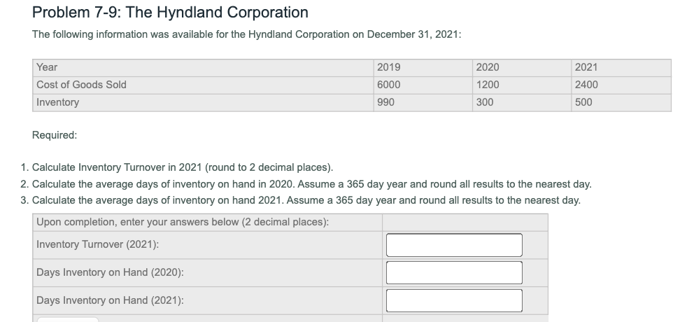 Problem 7-9: The Hyndland Corporation
The following information was available for the Hyndland Corporation on December 31, 2021:
Year
2019
2020
2021
Cost of Goods Sold
6000
1200
2400
Inventory
990
300
500
Required:
1. Calculate Inventory Turnover in 2021 (round to 2 decimal places).
2. Calculate the average days of inventory on hand in 2020. Assume a 365 day year and round all results to the nearest day.
3. Calculate the average days of inventory on hand 2021. Assume a 365 day year and round all results to the nearest day.
Upon completion, enter your answers below (2 decimal places):
Inventory Turnover (2021):
Days Inventory on Hand (2020):
Days Inventory on Hand (2021):
