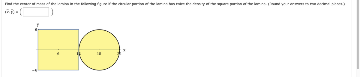 Find the center of mass of the lamina in the following figure if the circular portion of the lamina has twice the density of the square portion of the lamina. (Round your answers to two decimal places.)
(x, y)
=
y
6
-6
12
18
24
X