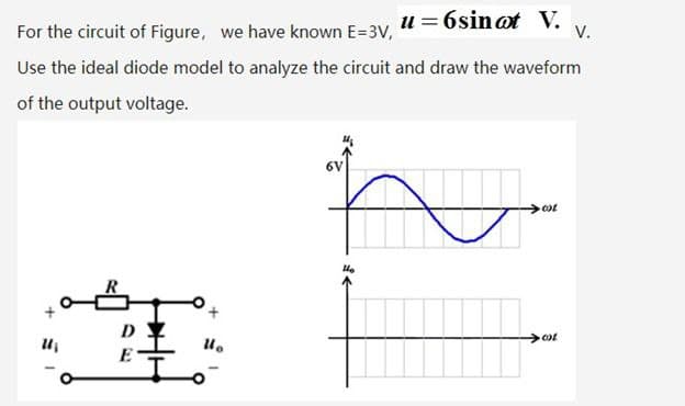 u = 6sinot V.
V.
For the circuit of Figure, we have known E=3V,
Use the ideal diode model to analyze the circuit and draw the waveform
of the output voltage.
6V
cot
E
