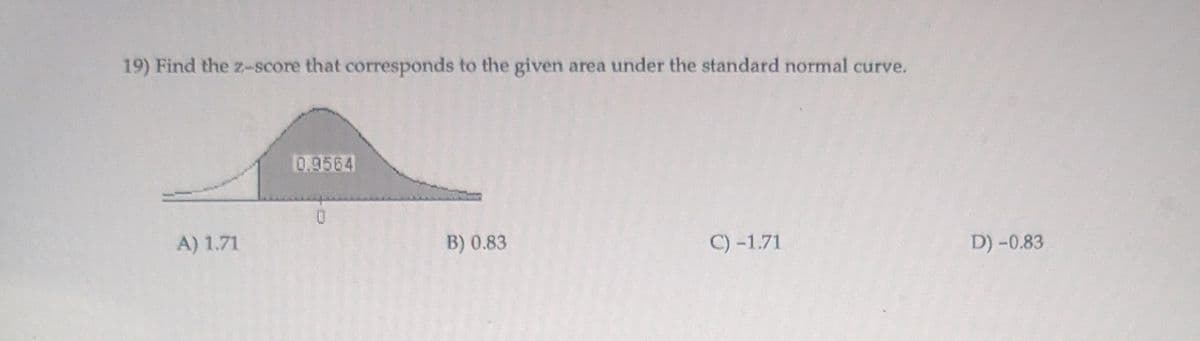 19) Find the z-score that corresponds to the given area under the standard normal curve.
0.9564
0
A) 1.71
B) 0.83
C) -1.71
D) -0.83