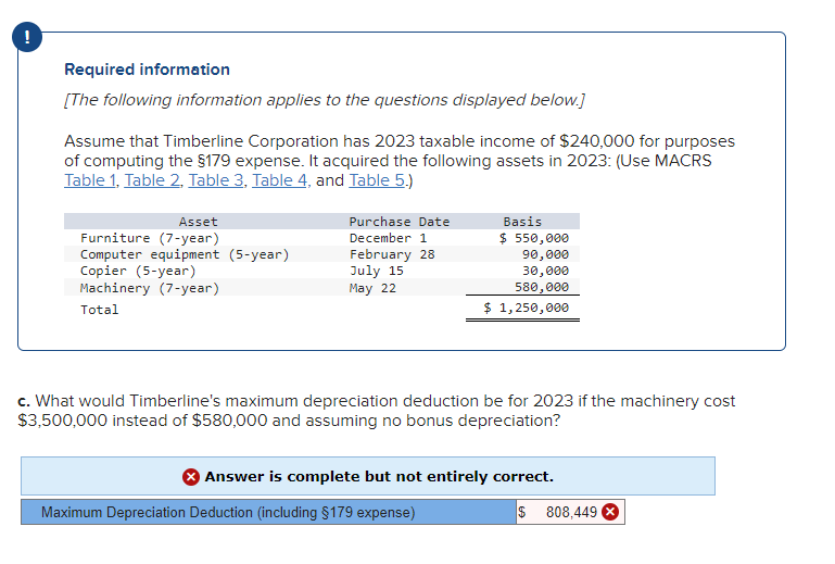 !
Required information
[The following information applies to the questions displayed below.]
Assume that Timberline Corporation has 2023 taxable income of $240,000 for purposes
of computing the §179 expense. It acquired the following assets in 2023: (Use MACRS
Table 1, Table 2. Table 3, Table 4, and Table 5.)
Asset
Furniture (7-year)
Computer equipment (5-year)
Copier (5-year)
Machinery (7-year)
Total
Purchase Date
December 1
February 28
July 15
May 22
Basis
$ 550,000
90,000
30,000
580,000
$ 1,250,000
c. What would Timberline's maximum depreciation deduction be for 2023 if the machinery cost
$3,500,000 instead of $580,000 and assuming no bonus depreciation?
Answer is complete but not entirely correct.
$
Maximum Depreciation Deduction (including §179 expense)
808,449