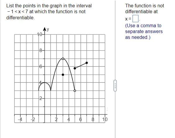 List the points in the graph in the interval
-1 <x<7 at which the function is not
differentiable.
10-
The function is not
differentiable at
x=
(Use a comma to
separate answers
as needed.)
-4
8-
6-
2
-R
4 6
-00