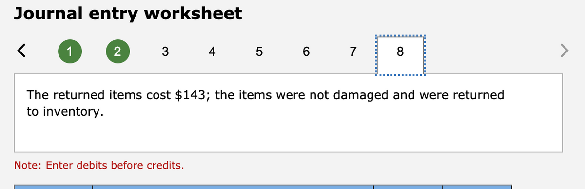 Journal entry worksheet
1
3
4
5 6 7
8
The returned items cost $143; the items were not damaged and were returned
to inventory.
Note: Enter debits before credits.
