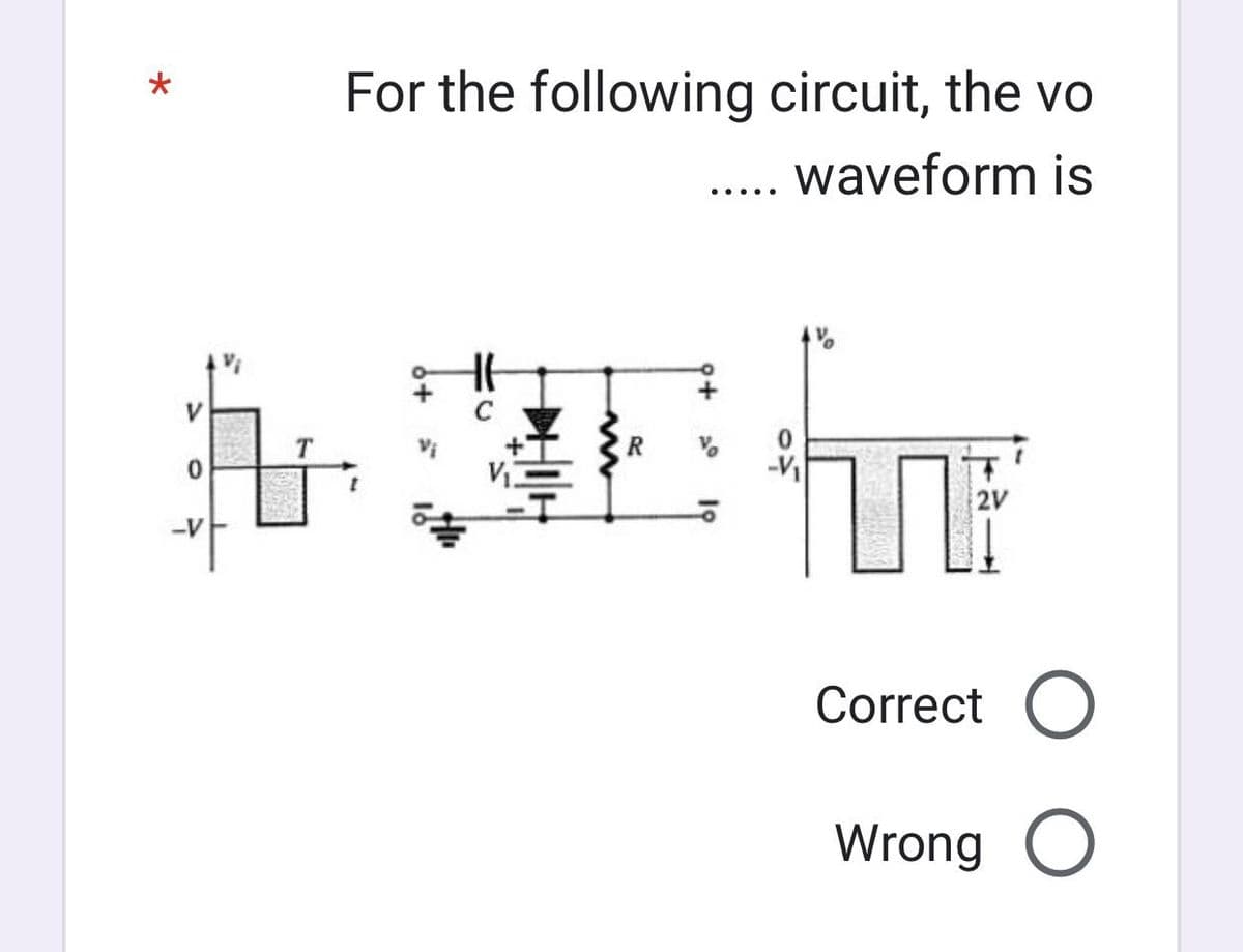 0
-V
For the following circuit, the vo
waveform is
C
.....
T
ЛЕ
Correct O
Wrong O