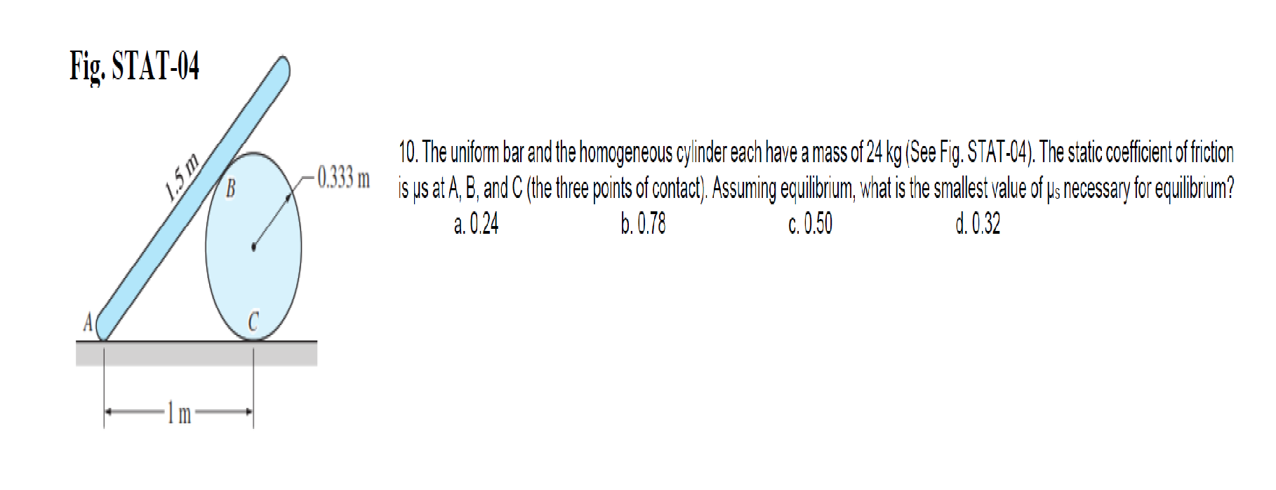 Fig. STAT-04
10. The uniform bar and the homogeneous cylinder each have a mass of 24 kg (See Fig. STAT-04). The static coefficient of friction
is us at A, B, and C (the three points of contact). Assuming equilibrium, what is the smallest value of ps necessary for equilibrum?
a. 0.24
-0,333 m
b. 0.78
c. 0.50
d. 0.32
A
