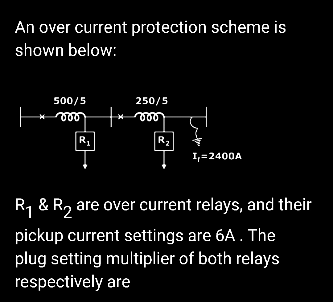 An over current protection scheme is
shown below:
*
500/5
000
R₁
250/5
000
R₂
I₁=2400A
R₁ & R₂ are over current relays, and their
pickup current settings are 6A. The
plug setting multiplier of both relays
respectively are