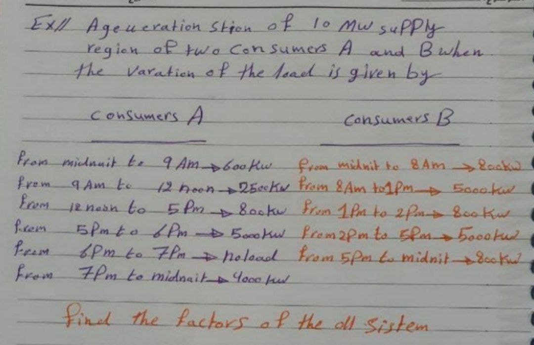 Ex Ageueration Stien of lo Mw suPPly
regien of two Consumers A and Bwhen
the Varaticnof the lead is given by
Consumers A
Consumers B
Prom micdnuit te 9 Am+b0okw
from midnit to 8Am 2ackw
12 hoon250sKw From 8Am tpm 5000.ku
800kw from 1Pm to 2Pm 8ookw
5Pmto6Pm Boookw from2pmto 5Pas 5o0okul
6Pm to7Pm noload from 5Pm to midnit8cokd
frem
Loom
9 Am to
12 neoh to
5Pm
A>
frem
feam
from 7Pm to midnait Yo0c ful
find the facctors af the ol Sistem
