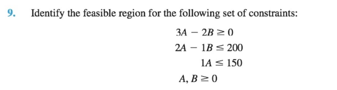 9. Identify the feasible region for the following set of constraints:
ЗА — 2B > 0
2A – 1B < 200
|
1A < 150
А, В > 0
