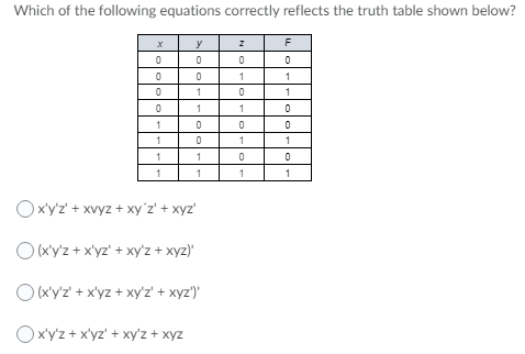 Which of the following equations correctly reflects the truth table shown below?
y
1
1
1
1
1
1
1
1
1
1
1
1
Ox'y'z' + xvyz + xy´z' + xyz'
O (xy'z + x'yz' + xy'z + xyz)'
O xyz' + x'yz + xy'z' + xyz')"
Ox'y'z + x'yz' + xy'z + xyz
olo
