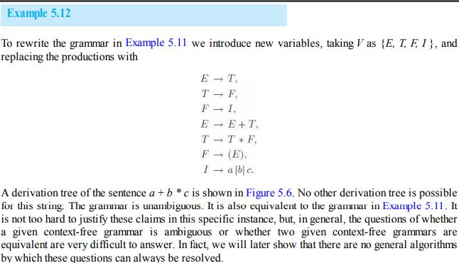 Example 5.12
To rewrite the grammar in Example 5.11 we introduce new variables, taking V as {E, T, F, 1 }, and
replacing the productions with
E - T,
T - F,
F - I,
E - E+T,
T - T* F,
F - (E),
I – a (b|c.
A derivation tree of the sentence a + b * c is shown in Figure 5.6. No other derivation tree is possible
for this string: The grammar is unambiguous. It is also equivalent to the grammar in Example 5.11 It
is not too hard to justify these claims in this specific instance, but, in general, the questions of whether
a given context-free grammar is ambiguous or whether two given context-free grammars are
equivalent are very difficult to answer. In fact, we will later show that there are no general algorithms
by which these questions can always be resolved.
