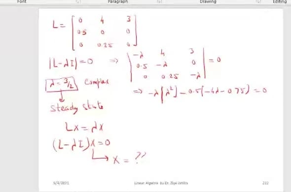 Font
Paragraph
Drawing
Edifing
L=
05
0.25
ーA
O 25
ーム
Complese
→リーTー-)。
=>
steady stote
Lx = dX
0-(1ピ-7)
(レ ト-
s4/2021
Linear aiga v Dr Z dilm
212
