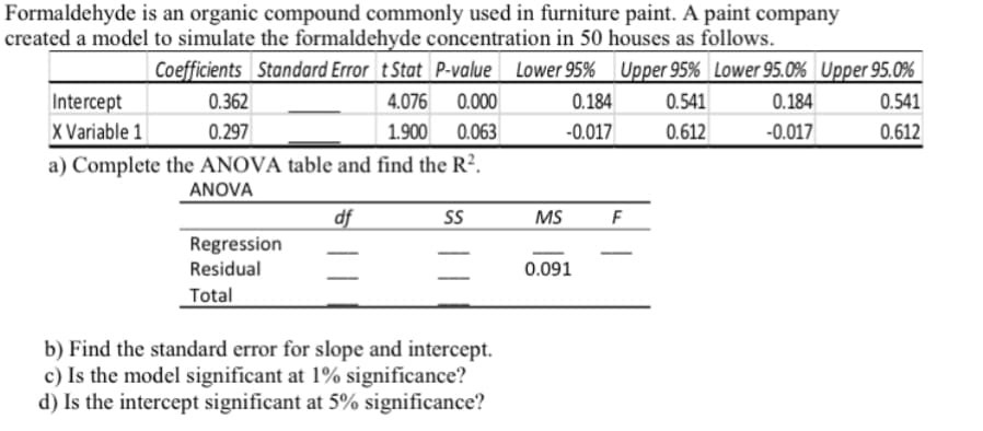 Formaldehyde is an organic compound commonly used in furniture paint. A paint company
created a model to simulate the formaldehyde concentration in 50 houses as follows.
|Coefficients Standard Error tStat P-value Lower 95% Upper 95% Lower 95.0% Upper 95.0%
Intercept
0.362
4.076
0.000
0.184
0.541
0.184
0.541
X Variable 1
0.297
1.900
0.063
-0.017
0.612
-0.017
0.612
a) Complete the ANOVA table and find the R².
ANOVA
df
SS
MS F
Regression
Residual
0.091
Total
b) Find the standard error for slope and intercept.
c) Is the model significant at 1% significance?
d) Is the intercept significant at 5% significance?
