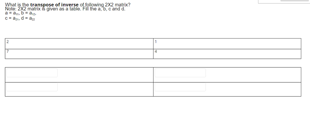 What is the transpose of inverse of following 2X2 mạtrix?
Note: 2X2 matrix is given as a table. Fill the a, b, c and d.
a = a1, b = a12,
c = a21, d = a2
2
1
