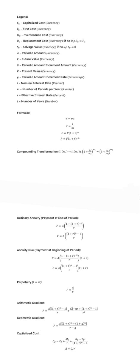 Legend:
Cc - Capitalized Cost (Currency)
Fc - First Cost (Currency)
Mc - maintenance Cost (Currency)
Rc - Replacement Cost (Currency); if no Re: Re Fe
Sy- Salvage Value (Curency); if no Sy: Sy = 0
A - Periodic Amount (Currency)
F-Future Value (Currency)
G - Periodic Amount Increment Amount (Currency)
P - Present Value (Currency)
g - Periodic Amount Increment Rate (Persentage)
i-Nominal Interest Rate (Percent)
m - Number of Periods per Year (Number)
r - Effective Interest Rate (Percent)
t-Number of Years (Number)
Formulae:
Perpetuity (t=00):
Compounding Transformation (i, (m₂)→ 1₂ (m₂)): (1 + ) = (1 +)**
Arithmetic Gradient:
Ordinary Annuity (Payment at End of Period):
P=A1-(1+1)-²)
Geometric Gradient:
Capitalized Cost:
n = mt
r=-
F=A
Annuity Due (Payment at Beginning of Period):
m
F = P(1+r)"
P = F(1+r)-R
F=A
F=
= A ((1+r)^²-1)
P=A (1-(1+r)^)(1+r)
= A (¹ + r)² - 1) (1 + r)
T
FA[(1+r)-1]G[-nr + (1+r)" - 1]
T
r2
A[(1+r)"-(1+g)"]
T-9
Re-Sy
Cc=Fc++ (1+r)"-1
A = Cer