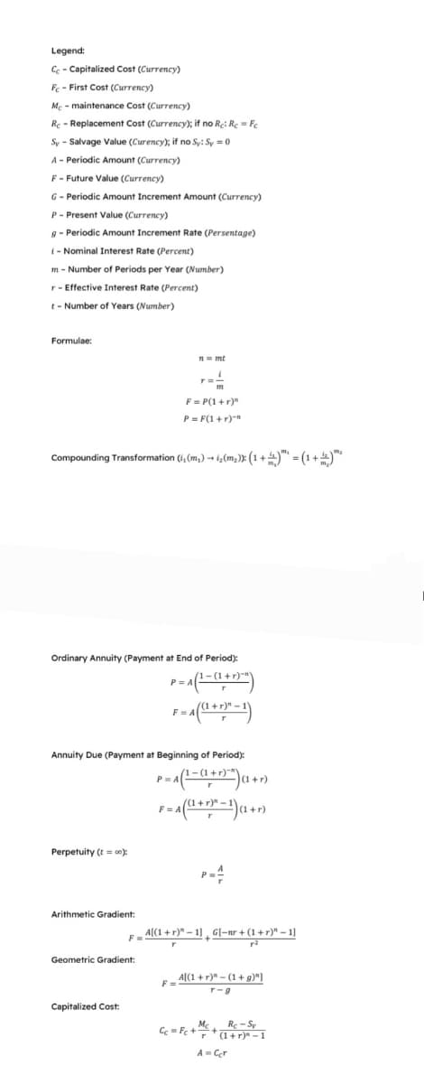 Legend:
Cc - Capitalized Cost (Currency)
Fc - First Cost (Currency)
Mc - maintenance Cost (Currency)
Rc - Replacement Cost (Currency); if no Re: Re Fe
Sy- Salvage Value (Curency); if no Sy: Sy = 0
A - Periodic Amount (Currency)
F-Future Value (Currency)
G - Periodic Amount Increment Amount (Currency)
P - Present Value (Currency)
g - Periodic Amount Increment Rate (Persentage)
i-Nominal Interest Rate (Percent)
m - Number of Periods per Year (Number)
r - Effective Interest Rate (Percent)
t-Number of Years (Number)
Formulae:
Compounding Transformation (i, (m₂)→ 1₂ (m₂)): (1 + ) = (1 +)**
Perpetuity (t=00):
Ordinary Annuity (Payment at End of Period):
P=A1-(1+1)-²)
Arithmetic Gradient:
Geometric Gradient:
Capitalized Cost:
n = mt
Annuity Due (Payment at Beginning of Period):
r=-
m
F = P(1+r)"
P = F(1+r)-R
F=A
F=A
= A ((1+r)^²-1)
F=
P=A (1-(1+r)^)(1+r)
= A (¹ + r)² - 1) (1 + r)
T
FA[(1+r)-1]G[-nr + (1+r)" - 1]
T
r2
A[(1+r)"-(1+g)"]
T-9
Re-Sy
Cc=Fc++ (1+r)"-1
A = Cer