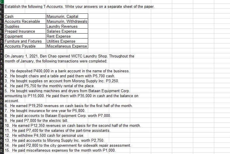 3 Establish the following T-Accounts. Write your answers on a separate sheet of the paper.
4
s Cash
6 Accounts Receivable
7 Supplies
8 Prepaid Insurance
9 Equipment
o Furniture and Fixtures Utilities Expense
1 Accounts Payable
Masunurin, Capital
Masunurin, Withdrawals
Laundry Revenues
Salaries Expense
Rent Expense
Miscellaneous Expense
2
3 On January 1, 2021, Ben Chao opened WCTC Laundry Shop. Throughout the
4 month of January, the following transactions were completed:
6 1. He deposited P400,000 in a bank account in the name of the business.
7 2. He bought chairs and a table and paid them with P5,700 cash.
8 3. He bought supplies on account from Morong Supply Inc. P3,250.
9 4. He paid P5,750 for the monthly rental of the place.
20 5. He bought washing machines and dryers from Bataan Equipment Corp.
1 amounting to P115,000. He paid them with P35,000 in cash and the balance on
22 account.
3 6. He earned P19,250 revenues on cash basis for the first half of the month.
24 7. He bought insurance for one year for P5,800.
5 8. He paid accounts to Bataan Equipment Corp. worth P7,000.
26 9. He paid P7,000 for the electric bill.
7 10. He earned P12,350 revenues on cash basis for the second half of the month.
8 11. He paid P7,400 for the salaries of the part-time assistants.
9 12. He withdrew P4,500 cash for personal use.
s0 13. He paid accounts to Morong Supply Inc. worth P2,750.
1 14. He paid P2,800 to the city government for sidewalk repair assessment.
2 15. He paid miscellaneous expenses for the month worth P1,000.
