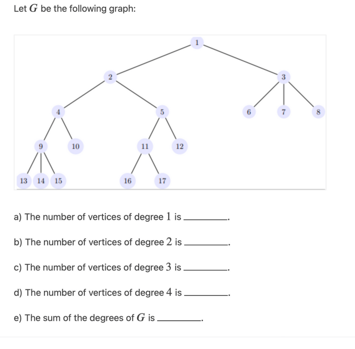 Let G be the following graph:
1
3
8
9.
10
11
12
13 14 15
16
17
a) The number of vertices of degree 1 is
b) The number of vertices of degree 2 is
c) The number of vertices of degree 3 is
d) The number of vertices of degree 4 is
e) The sum of the degrees of G is
2.
