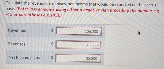 Calculate the revenues, expenses, net income that would be reported on the accrual
basis. (Enter loss amounts using either a negative sign preceding the number e.g.
-45 or parentheses e.g. (45).)
Revenues
Expenses
Net Income /(Loss)
$
LA
$
tA
106,000
73,500
32,500