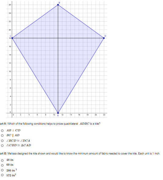 20
24
22
20
14
12
4
2
10 12
14
10
18
art A: Which of the following conditions helps to prove quadrilateral ADBC is a kite?
O AB 1 CD
O BC || AD
O ZBCD ZDCA
O ACBD ACAD
art B: Melissa designed the kite shown and would like to know the minimum amount of fabric needed to cover the kite. Each unit is 1 inch.
O 48 in
O 69 in
O 286 in ?
O 572 in
