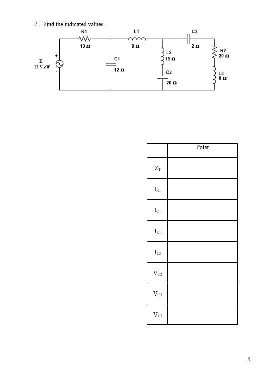 7. Find the indicated values.
R1
L1
C3
10 0
20
R2
20 0
L2
C1
15 a
E
12 V zơ
12 0
C2
L3
80
20 a
Polar
IRI
ILI
IL2
Vez
Vca
