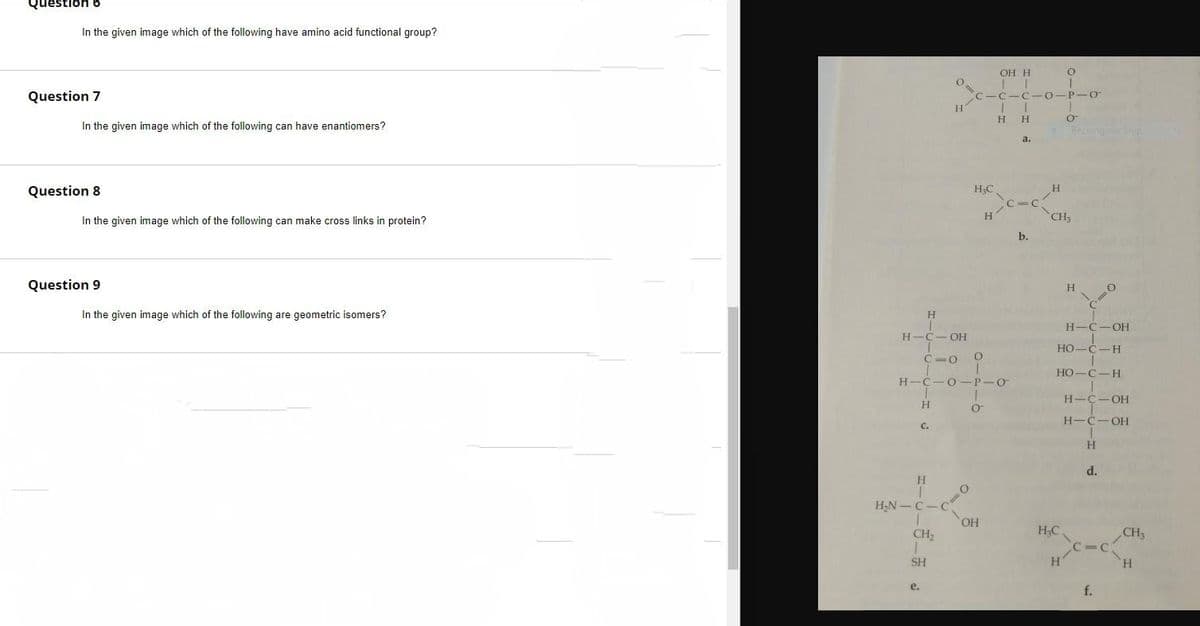 Question o
In the given image which of the following have amino acid functional group?
Question 7
In the given image which of the following can have enantiomers?
Question 8
In the given image which of the following can make cross links in protein?
Question 9
In the given image which of the following are geometric isomers?
T
H
C.
H
1
H₂N-C-C
1
CH₂
1
SH
O
H
H-C-OH
C=0 0
H-C-O-P-O
1
0
e.
H
O
H₂C
OH
OH H
-C-C-O-P-O
H
11
HH
a.
b.
H
O
1
H₂C
o
CH3
H
Rectangular Snip
H-C-OH
HO-C-H
HO-C-H
H
H-C-OH
H-C-OH
H
d.
=C
f.
CH3
H