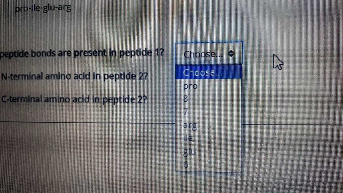 pro-ile-glu-arg
peptide bonds are present in peptide 1?
Choose...
Choose...
N-terminal amino acid in peptide 27
pro
8.
7.
C-terminal amino acid in peptide 27
arg
lfile
