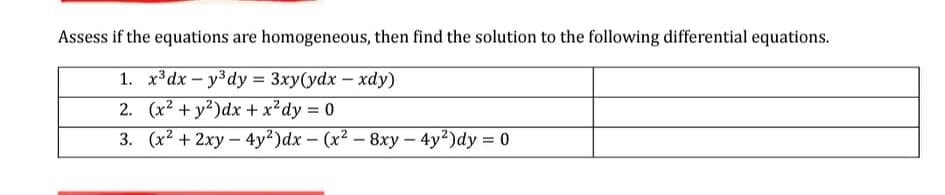 Assess if the equations are homogeneous, then find the solution to the following differential equations.
1. х3dх — узdy%3 3ху(ydx — хӑу)
2. (x2 + y2)dx + x?dy 0
%3D
3. (x2 + 2xy – 4y²)dx – (x² – 8xy – 4y2)dy = 0
