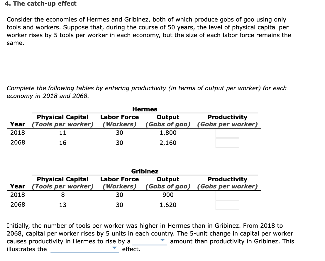 4. The catch-up effect
Consider the economies of Hermes and Gribinez, both of which produce gobs of goo using only
tools and workers. Suppose that, during the course of 50 years, the level of physical capital per
worker rises by 5 tools per worker in each economy, but the size of each labor force remains the
same.
Complete the following tables by entering productivity (in terms of output per worker) for each
economy in 2018 and 2068.
Physical Capital
Year (Tools per worker)
2018
11
2068
16
Physical Capital
Year (Tools per worker)
2018
8
2068
13
Hermes
Labor Force
(Workers)
30
30
Output
(Gobs of goo)
1,800
2,160
Gribinez
Productivity
(Gobs per worker)
Labor Force
Output
Productivity
(Workers) (Gobs of goo) (Gobs per worker)
30
900
30
1,620
Initially, the number of tools per worker was higher in Hermes than in Gribinez. From 2018 to
2068, capital per worker rises by 5 units in each country. The 5-unit change in capital per worker
causes productivity in Hermes to rise by a
amount than productivity in Gribinez. This
illustrates the
effect.