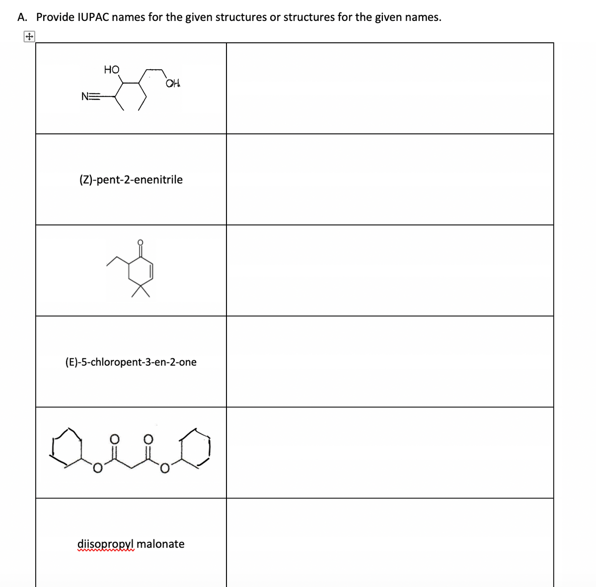 A. Provide IUPAC names for the given structures or structures for the given names.
+
N=
HO
OH
(Z)-pent-2-enenitrile
(E)-5-chloropent-3-en-2-one
Quo
diisopropyl malonate